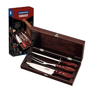 KIT PARA CHURRASCO TRAMONTINA EM AÇO INOX E CABO DE MADEIRA VERMELHO POLYWOOD COM ESTOJO DE MADEIRA 4 PEÇAS - 21198764