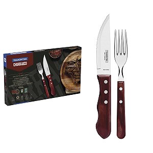 JOGO DE TALHERES PARA CHURRASCO JUMBO TRAMONTINA EM AÇO INOX COM CABO VERMELHO POLYWOOD 12 PEÇAS - 21199796