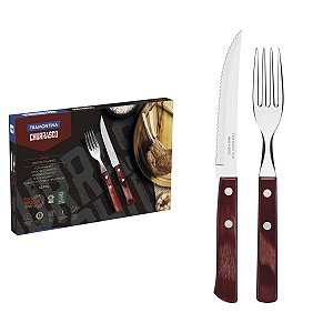 JOGO DE TALHERES PARA CHURRASCO TRAMONTINA EM AÇO INOX COM CABO VERMELHO POLYWOOD 12 PEÇAS - 21199703