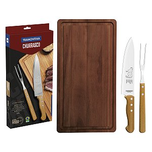 KIT PARA CHURRASCO TRAMONTINA COM LÂMINA EM AÇO INOX CABO DE MADEIRA NATURAL COM TÁBUA DE MADEIRA 3 PEÇAS - 22399076