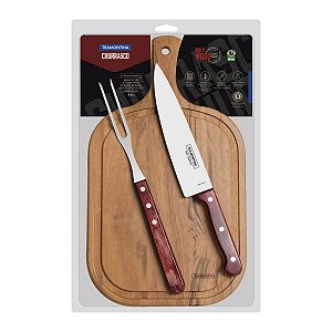 KIT PARA CHURRASCO TRAMONTINA COM LÂMINAS EM AÇO INOX E CABO POLYWOOD VERMELHO COM TÁBUA DE MADEIRA 3 PEÇAS - 21198714