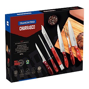 KIT PARA CHURRASCO TRAMONTINA COM LÂMINAS EM AÇO INOX E CABOS DE MADEIRA POLYWOOD VERMELHO COM TÁBUA E ESTOJO 8 PEÇAS - 21198765