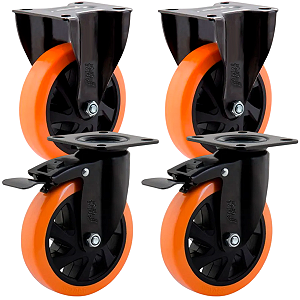 Kit 4 Rodízios Grande Reforçado Giratórios E Fixo Rodas Para Moveis E Equipamentos Pesados Industrial Com Trava 6 Polegadas Material Pu 150mm Marca Rrj