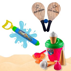 Kit Brinquedo de Praia com Balde RB19 Lança Água e Raquete