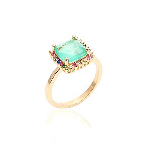 ANEL TURMALINA VERDE CRAVEJADO COLORIDO EM BANHO DE OURO 18K