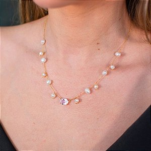 COLAR PEROLAS COM TURMALINA ROSA