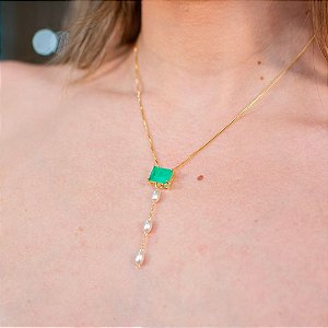 COLAR PEDRA FUSION E PEROLA BARROCA EM BANHO DE OURO 18K
