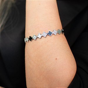 BRACELETE TREVO EM BANHO DE RÓDIO BRANCO
