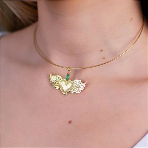 ARO EM BANHO DE OURO 18K E PINGENTE DE CORAÇÃO ASAS