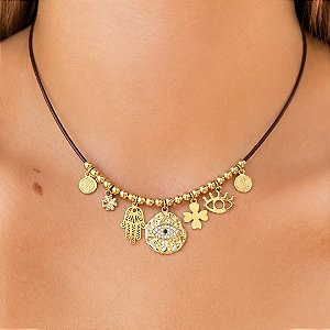 COLAR COURO PINGENTES EM BANHO DE OURO 18K