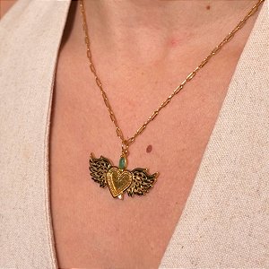 COLAR CORAÇÃO ASAS EM BANHO DE OURO 18K