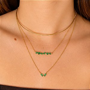 COLAR DOIS NAVETES VERDE JADE EM BANHO DE OURO 18K