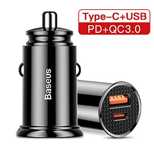 Carregador Veicular Turbo Baseus Quick Charge Usb + Tipo C 30w