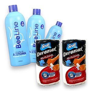 Kit Removedor acetona Bee Line 500ml Toalha em Rolo Multiuso Duramax 58 panos