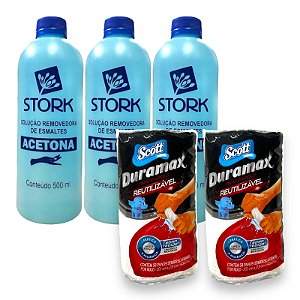 Kit Removedor acetona Stork 500ml Toalha em Rolo Multiuso Duramax 58 panos