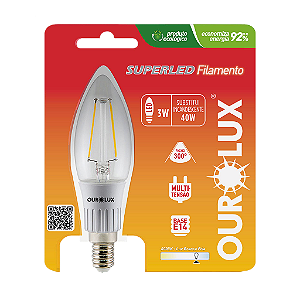 Lâmpada Superled Vela Filamento Clara E14 3W bivolt 6000K.