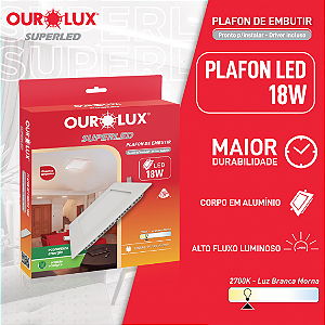 Plafon Superled Embutir 18W bivolt 2700K Quadrado 22,3cm x 22,3cm.