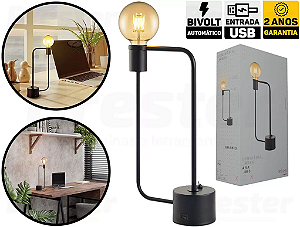 Luminária de mesa Aramis com entrada USB 40X21cm aço preto fosco.