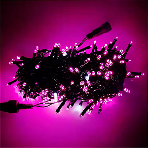 Pisca de Natal 100 Leds Pink 8 Funções fio verde conector macho e fêmea 10 Metros 220V.