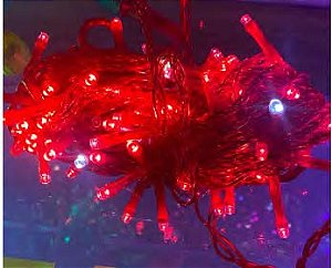 Pisca 100 LEDS e fio Vermelho Ø1,8mm com 20 Strobos brancos IP65 Externo 220V 10 metros.