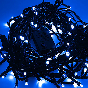 KIT 100 Pisca de Natal 50 Leds Azul 8 Funções 5 Metros fio verde bivolt.