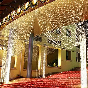 Cortina com 300 LEDs Branco Quente 3mx2m 8 funções 220V.