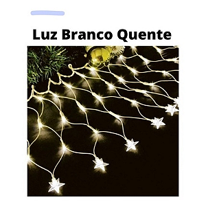 Cascata com 120 LEDs Branco Quente 8 funções 4,5mx0,50m com estrelas na ponta 127V.
