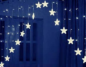 Cortina com 224 LEDs Branco frio fio de Fada com estrela na ponta 3m x 1,2m bivolt.