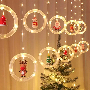 Cortina com 130 LEDs Branco Quente fio de Fada figuras natalinas PVC 2,5 metros bivolt.
