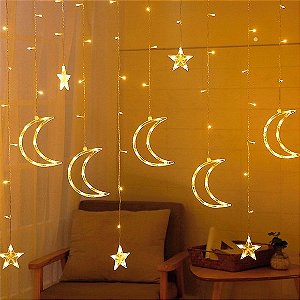Cascata com 115 LEDs Branco Quente lua e estrela 2,5 metros bivolt.
