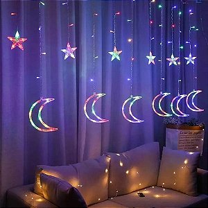 Cascata com 115 LEDs Colorido lua e estrela 2,5 metros bivolt.