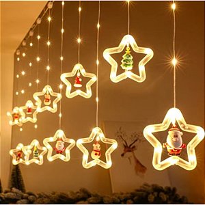 Cascata com 130 LEDs Branco Quente fio de fada PVC estrela + figuras natalinas 3 metros bivolt.