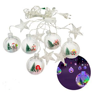Cascata com 135 LEDs Branco quente 5 estrelas e 5 bolas figuras natalinas 3 metros bivolt.