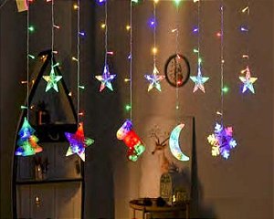 Cascata com 95 LEDs com figuras natalinas sortidas 18 branco quente e 18 colorida 127V.