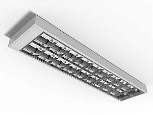 Luminária de sobrepor de alto rendimento com aletas parabólicas duplas para 2 lâmpadas 18/20W 120cm.