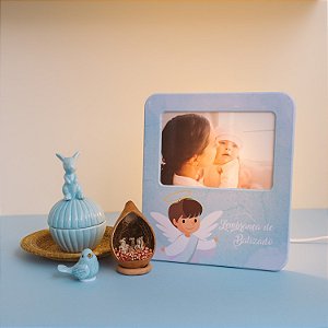 Luminária Porta Retrato Lembrança de Batizado 22,5x19,5x8cm Polietileno Azul.