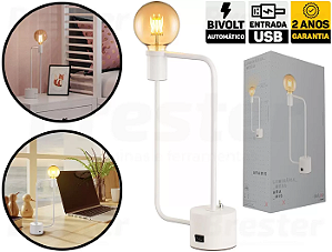 Luminária de mesa Aramis com entrada USB 40X21cm aço branco fosco.