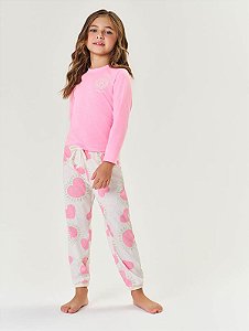 Pijama Blusa Manga Longa e Calça Corações Rosa