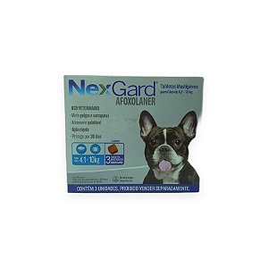 Antipulgas e Carrapatos NexGard Afoxolaner para Cães de 4,1 a 10 kg Sabor Carne - 3 Tabletes Mastigáveis