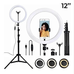 RING LIGHT DE 12 POLEGADAS COM SUPORTE DE CELULAR E TRIPÉ 2,10M BM-L04