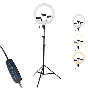 RING LIGHT DE 14 POLEGADAS COM 3 SUPORTES DE CELULAR E TRIPÉ 2,10M LEY-40