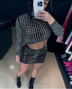 Blusa Cropped Manga Longa Tule Pedraria Eloa