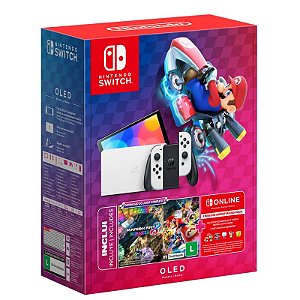 Nintendo Switch + Jogo, OLED Branco, Jogo Digital Mario Kart 8 Deluxe, 3 Meses de Assinatura Nintendo Switch Online