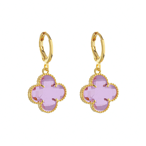 Brinco Dourado de Trevo com Zircônia Rosa
