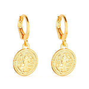 Brinco Dourado de Argolinha Com Medalha Religiosa