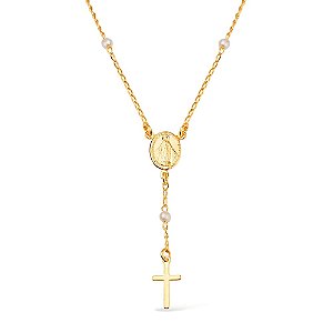Colar Dourado Religioso Terço Cruz e Pérolas