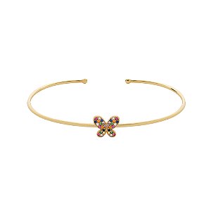 Bracelete Dourado com Borboleta Cravejada de Zircônia Colorida