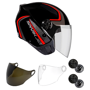 Capacete Spark Jet Speed Preto/Vermelho+2 Viseiras+2 Botões