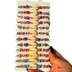 Pulseira de Olho Grego com Miçangas e concha com Regulagem em Macramê