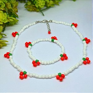 kit de Pulseira e Colar de Miçangas de cereja com Regulagem